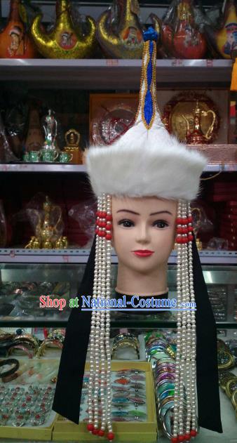 Traditional Handmade Chinese Mongol Nationality Handmade Princess Pearls Tassel Hat Hair Accessories, China Mongols Mongolian Minority Nationality Wedding Headwear for Women