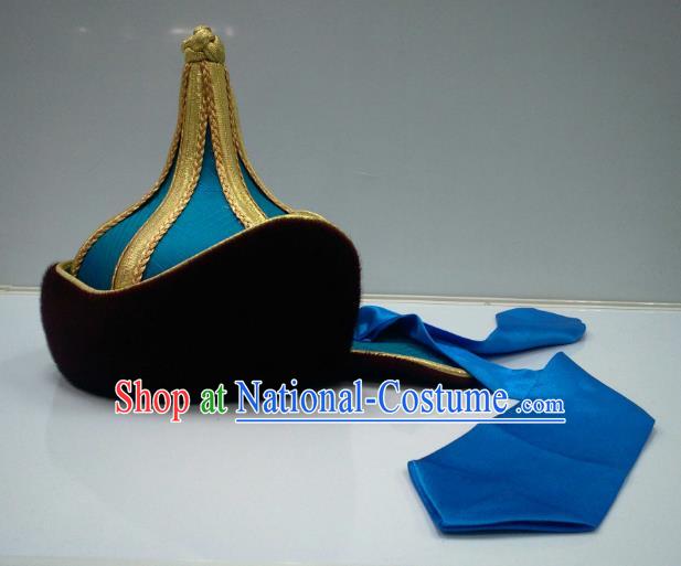 Traditional Handmade Chinese Mongol Nationality Handmade Prince Blue Hat Hair Accessories, China Mongols Mongolian Minority Nationality Bridegroom Headwear for Men