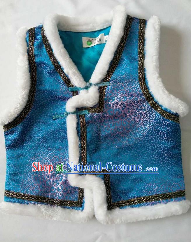 Traditional Chinese Mongol Nationality Dance Costume Handmade Blue Mongolian Vest, China Mongolian Minority Nationality Waistcoat Clothing for Kids