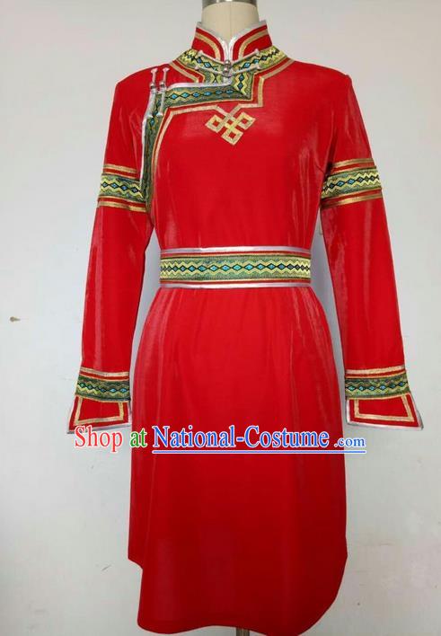 Traditional Chinese Mongol Nationality Dance Costume Handmade Red Mongolian Robe, China Mongolian Minority Nationality Princess Dress Clothing for Women