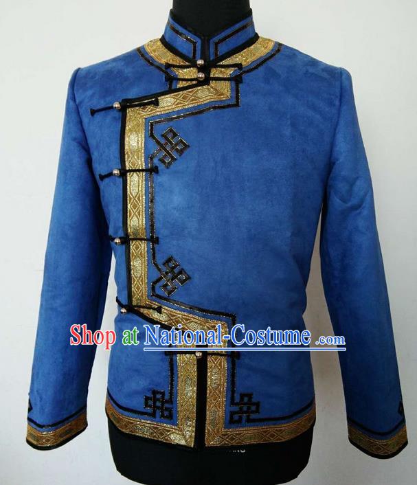 Traditional Chinese Mongol Nationality Dance Costume Handmade Blue Mongolian Coat, China Mongolian Minority Nationality Shirt Clothing for Men