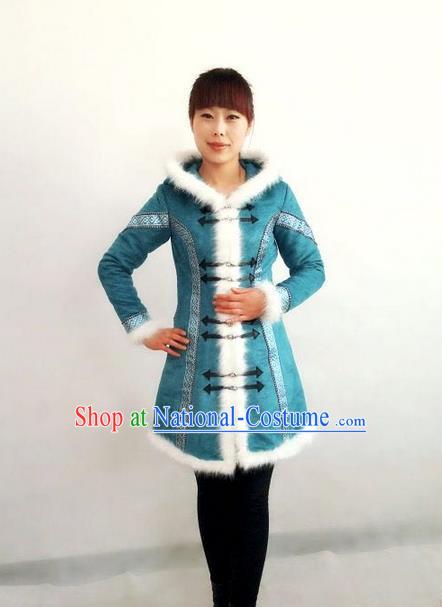 Traditional Chinese Mongol Nationality Dance Costume Handmade Blue Mongolian Robe, China Mongolian Minority Nationality Coat Clothing for Women