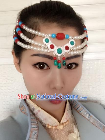 Traditional Handmade Chinese Mongol Nationality Dance Headwear Tassel Headband, China Mongolian Minority Nationality Pearls Hair Accessories Headpiece for Women