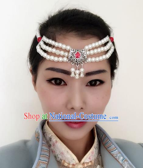 Traditional Handmade Chinese Mongol Nationality Dance Headwear Headband, China Mongolian Minority Nationality Pearls Hair Accessories Headpiece for Women