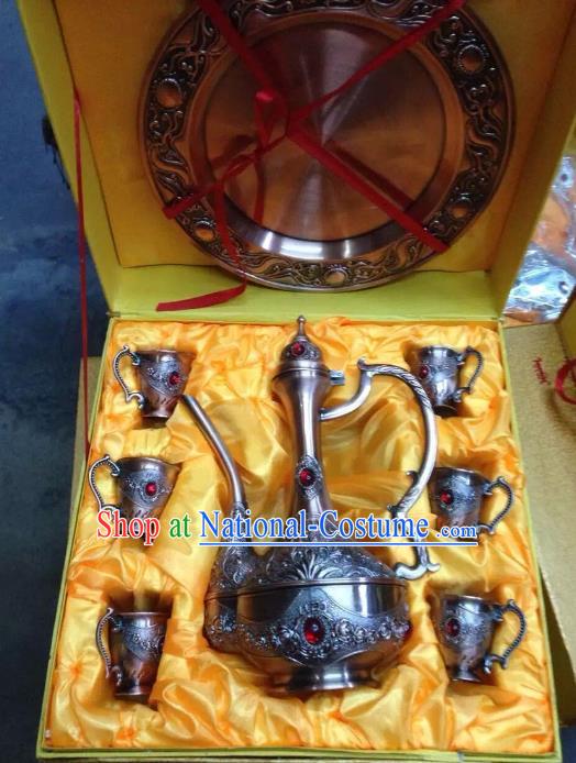 Traditional Handmade Chinese Mongol Nationality Crafts Copper Wine Set, China Mongolian Minority Nationality Carving Flagon and Drinking Cup