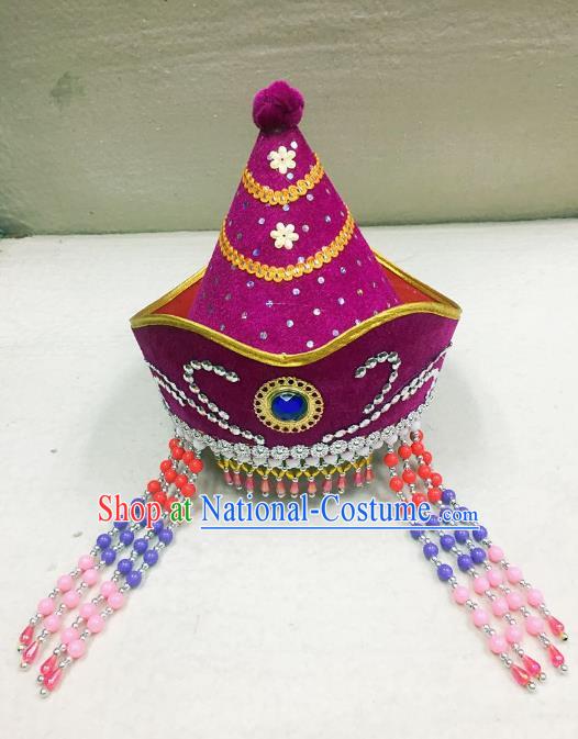 Traditional Handmade Chinese Mongol Nationality Dance Purple Headwear Princess Hat, China Mongols Mongolian Minority Nationality Bride Tassel Headpiece for Women