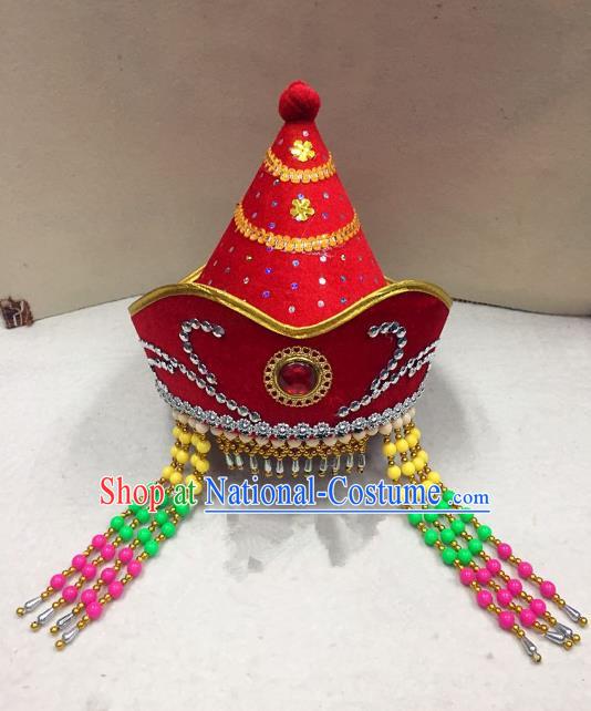 Traditional Handmade Chinese Mongol Nationality Dance Red Headwear Princess Hat, China Mongols Mongolian Minority Nationality Bride Tassel Headpiece for Women