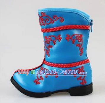 Traditional Chinese Minority Mongol Nationality Dance Shoes, Ethnic Minorities Mongolian Boots Blue Embroidery Boots for Kids