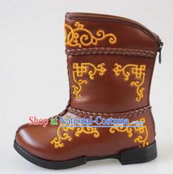 Traditional Chinese Minority Mongol Nationality Dance Shoes, Ethnic Minorities Mongolian Boots Brown Embroidery Boots for Kids