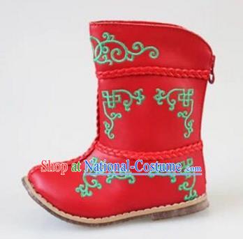 Traditional Chinese Minority Mongol Nationality Dance Shoes, Ethnic Minorities Mongolian Boots Red Embroidery Boots for Kids