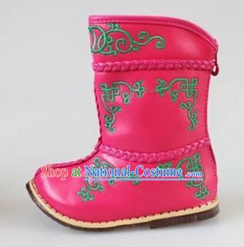 Traditional Chinese Minority Mongol Nationality Dance Shoes, Ethnic Minorities Mongolian Boots Pink Embroidery Boots for Kids