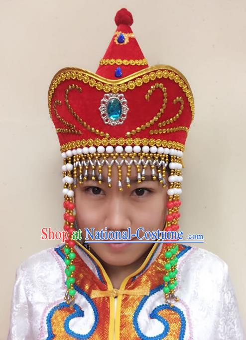 Traditional Handmade Chinese Mongol Nationality Dance Red Headwear Bride Hat, China Mongols Mongolian Minority Nationality Princess Tassel Headpiece for Women