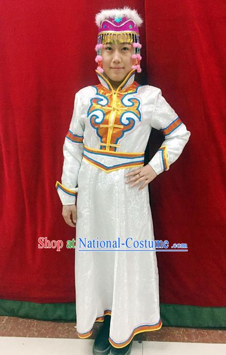 Traditional Chinese Mongol Nationality Dance Costume Handmade Wedding Bride Mongolian Robe, China Mongolian Minority Nationality White Dress Clothing for Women