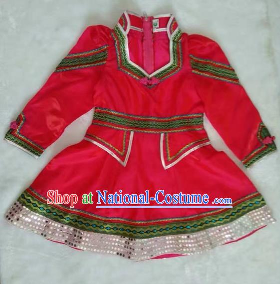 Traditional Chinese Mongol Nationality Dance Costume Handmade Mongolian Robe, China Mongolian Minority Nationality Red Dress for Kids