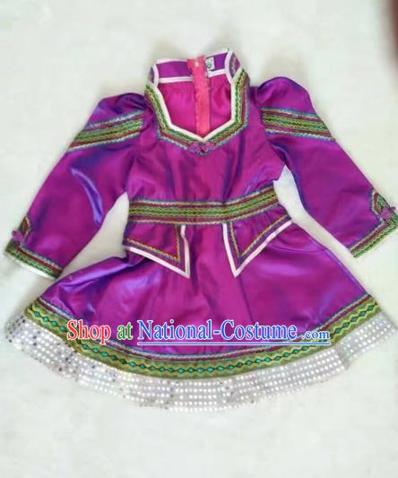 Traditional Chinese Mongol Nationality Dance Costume Handmade Mongolian Robe, China Mongolian Minority Nationality Purple Dress for Kids