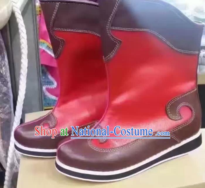 Traditional Chinese Minority Mongol Nationality Dance Red Shoes, Ethnic Minorities Mongolian Boots for Kids