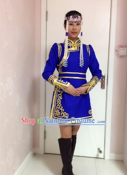 Traditional Chinese Mongol Nationality Dance Costume Handmade Embroidery Mongolian Robe, China Mongolian Minority Nationality Royalblue Dress for Women