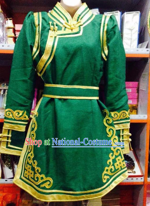 Traditional Chinese Mongol Nationality Dance Costume Handmade Embroidery Mongolian Robe, China Mongolian Minority Nationality Green Dress for Women