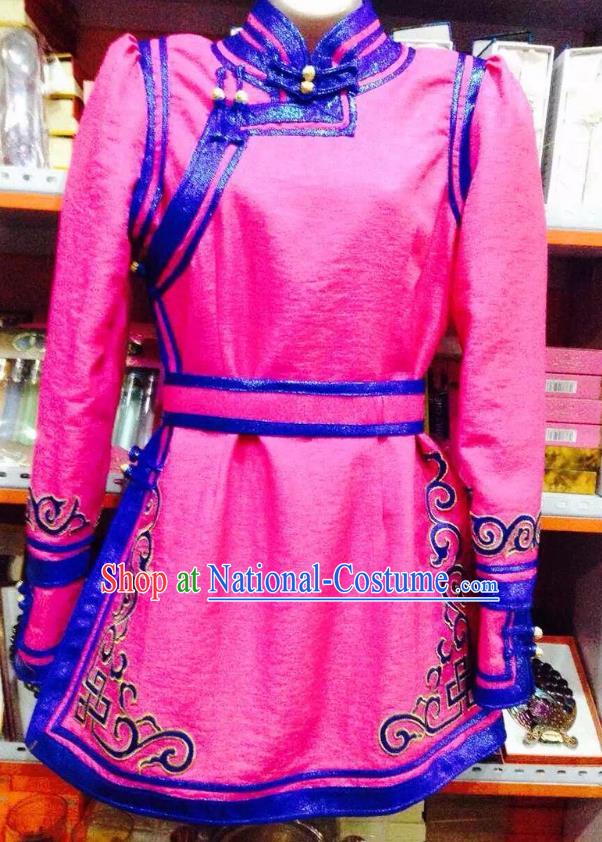 Traditional Chinese Mongol Nationality Dance Costume Handmade Embroidery Mongolian Robe, China Mongolian Minority Nationality Pink Dress for Women