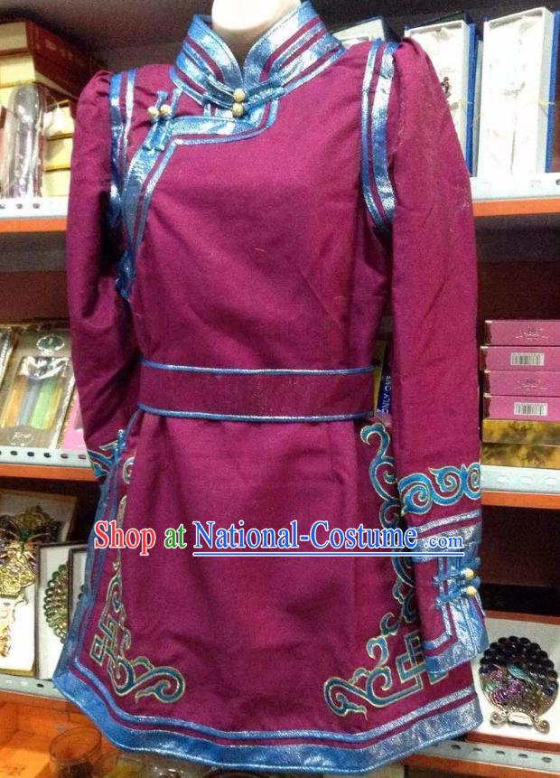 Traditional Chinese Mongol Nationality Dance Costume Handmade Embroidery Mongolian Robe, China Mongolian Minority Nationality Amaranth Dress for Women