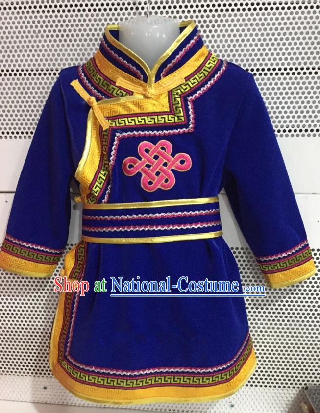 Traditional Chinese Mongol Nationality Dance Costume Handmade Embroidery Mongolian Robe, China Mongolian Minority Nationality Royalblue Dress for Kids