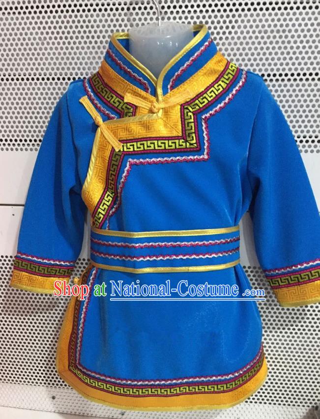 Traditional Chinese Mongol Nationality Dance Costume Handmade Embroidery Mongolian Robe, China Mongolian Minority Nationality Blue Dress for Kids