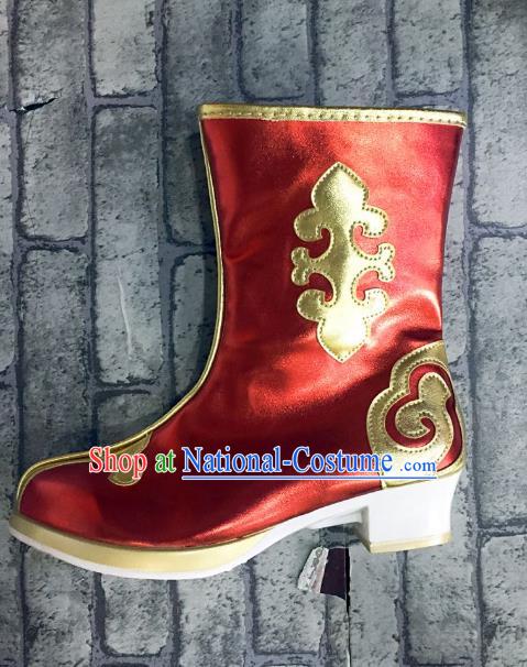 Traditional Chinese Minority Mongol Nationality Dance Red Shoes, Ethnic Minorities Mongolian Boots Embroidery Boots for Kids