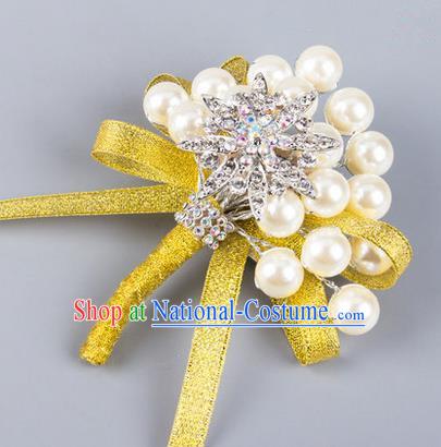 Top Grade Wedding Accessories Decoration Pearl Corsage, China Style Wedding Ornament Champagne Bride Bridegroom Yellow Ribbon Crystal Brooch