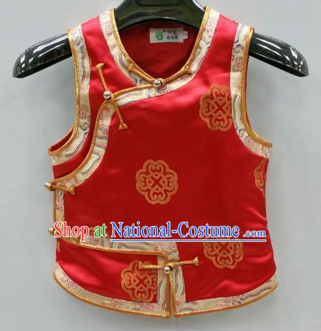 Traditional Chinese Mongol Nationality Dance Costume Handmade Mongolian Vest, China Mongolian Minority Nationality Red Waistcoat for Kids