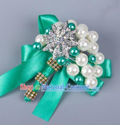 Top Grade Wedding Accessories Decoration Pearl Corsage, China Style Wedding Ornament Champagne Bride Bridegroom Green Ribbon Crystal Brooch