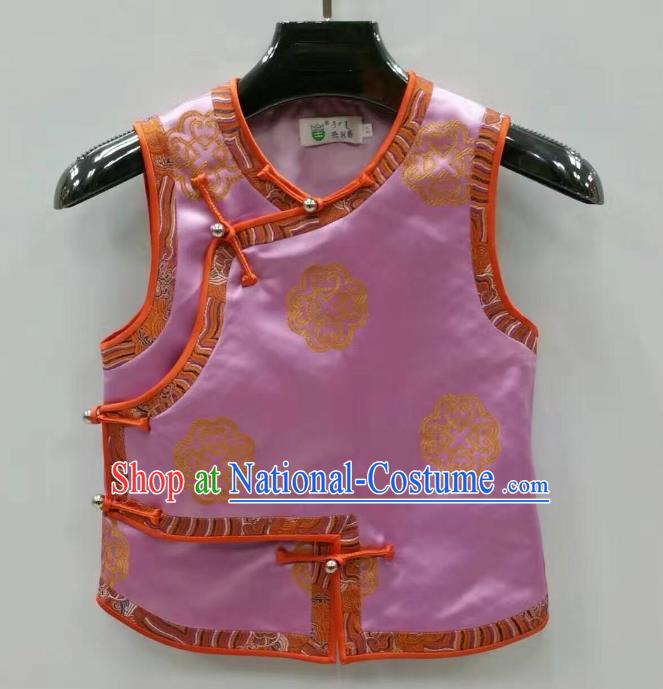 Traditional Chinese Mongol Nationality Dance Costume Handmade Mongolian Vest, China Mongolian Minority Nationality Pink Waistcoat for Kids