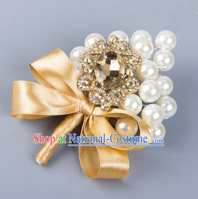 Top Grade Wedding Accessories Decoration Pearl Corsage, China Style Wedding Ornament Champagne Bride Bridegroom Golden Ribbon Crystal Brooch