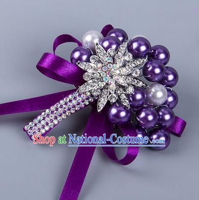 Top Grade Wedding Accessories Decoration Pearl Corsage, China Style Wedding Ornament Champagne Bride Bridegroom Purple Ribbon Crystal Brooch