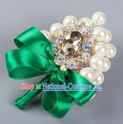 Top Grade Wedding Accessories Decoration Pearl Corsage, China Style Wedding Ornament Champagne Bride Bridegroom Green Ribbon Crystal Brooch