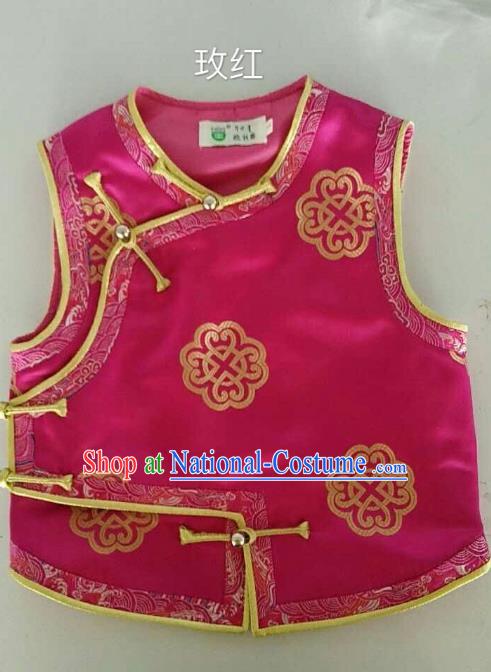 Traditional Chinese Mongol Nationality Dance Costume Handmade Mongolian Vest, China Mongolian Minority Nationality Rosy Waistcoat for Kids