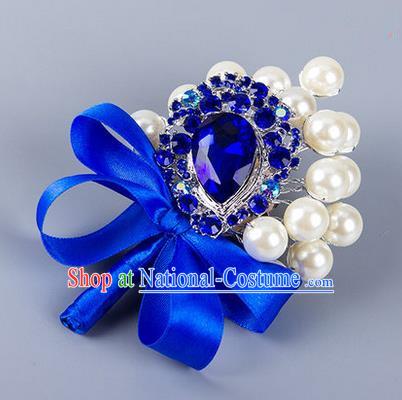 Top Grade Wedding Accessories Decoration Pearl Corsage, China Style Wedding Ornament Champagne Bride Bridegroom Royalblue Ribbon Crystal Brooch