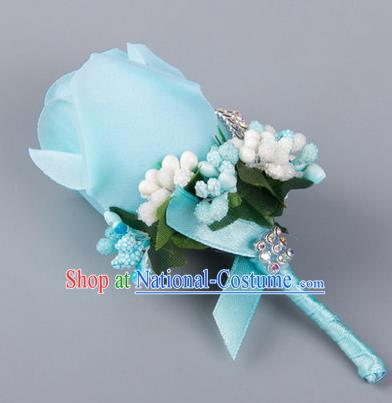 Top Grade Wedding Accessories Decoration Flower Corsage, China Style Wedding Ornament Champagne Bridegroom Blue Rose Brooch