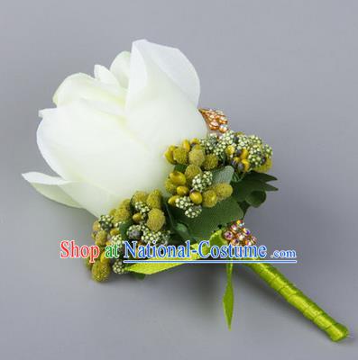 Top Grade Wedding Accessories Decoration Flower Corsage, China Style Wedding Ornament Champagne Bridegroom White Rose Brooch