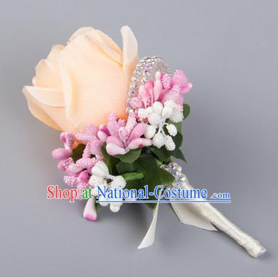 Top Grade Wedding Accessories Decoration Flower Corsage, China Style Wedding Ornament Champagne Bridegroom Champagne Rose Brooch