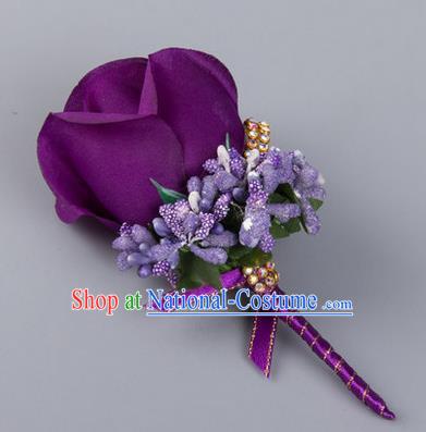 Top Grade Wedding Accessories Decoration Flower Corsage, China Style Wedding Ornament Champagne Bridegroom Purple Rose Brooch