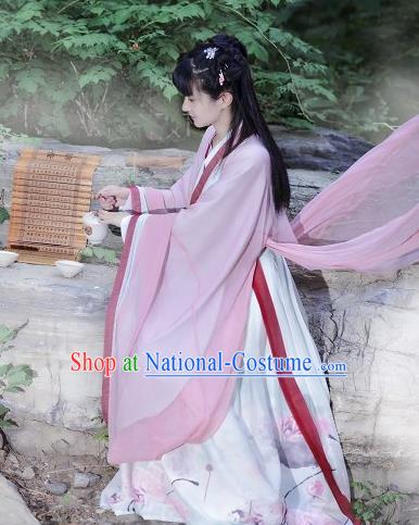 Traditional Ancient Chinese Costume Jin Dynasty Pink Big Sleeve Cardigan Blouse and Dress, Elegant Hanfu Clothing Chinese Palace Princess Costume for Women