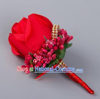 Top Grade Wedding Accessories Decoration Flower Corsage, China Style Wedding Ornament Champagne Bridegroom Red Rose Brooch