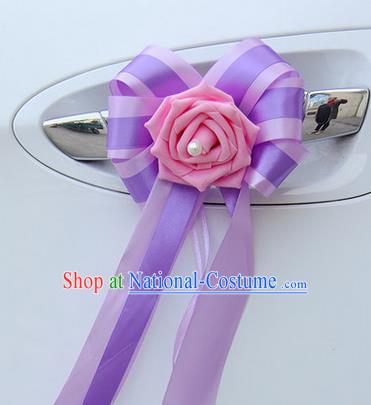 Top Grade Wedding Accessories Decoration, China Style Wedding Car Bowknot Pink Flowers Bride Purple Long Ribbon Garlands Ornaments