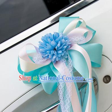 Top Grade Wedding Accessories Decoration, China Style Wedding Car Ornament Bowknot Flowers Bride Blue Silk Ribbon Garlands