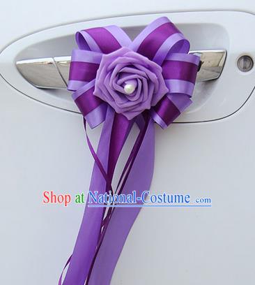 Top Grade Wedding Accessories Decoration, China Style Wedding Car Bowknot Purple Flowers Bride Purple Long Ribbon Garlands Ornaments