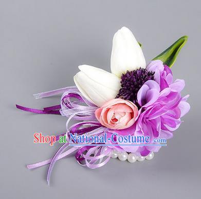 Top Grade Classical Wedding Silk Purple Flowers, Bride Emulational Wrist Flowers Bridesmaid Bracelet Flowers for Women