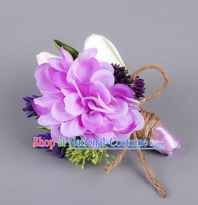 Top Grade Classical Wedding Silk Flowers,Groom Emulational Corsage Groomsman Purple Brooch Flowers for Men