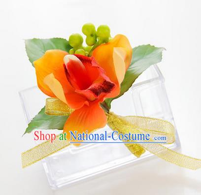 Top Grade Classical Wedding Orange Silk Flowers,Groom Emulational Corsage Groomsman Brooch Flowers for Men