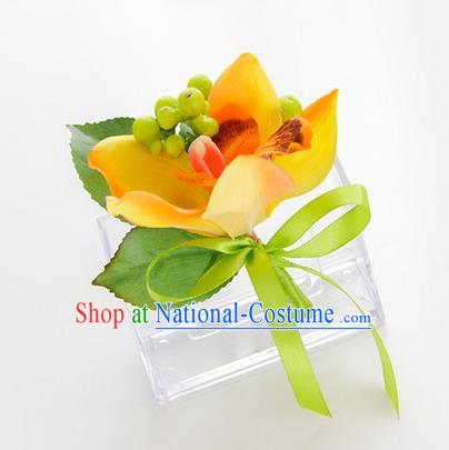 Top Grade Classical Wedding Yellow Silk Flowers,Groom Emulational Corsage Groomsman Brooch Flowers for Men