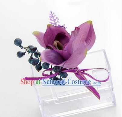 Top Grade Classical Wedding Bacca Purple Silk Flowers,Groom Emulational Corsage Groomsman Brooch Flowers for Men